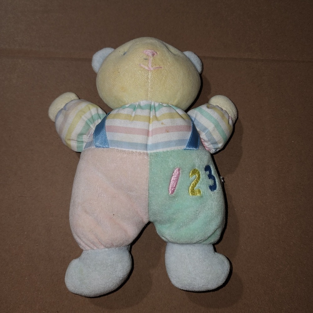 Vintage Eden Pastel Teddy Bear Plush Rattle 123 Embroidered Colorblock 8‎ Inch